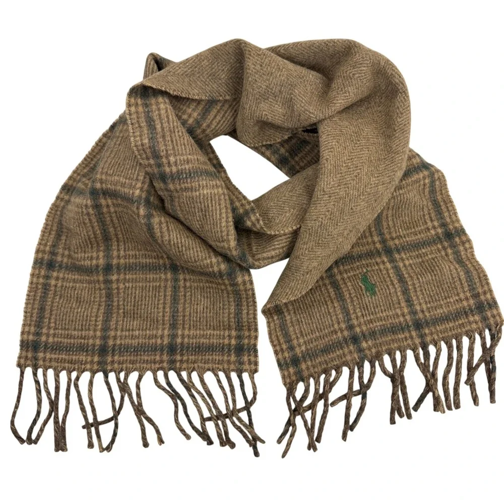 Polo Ralph Lauren Scarf Mens Brown Plaid Herringbone Reversible Lambs Wool Acry